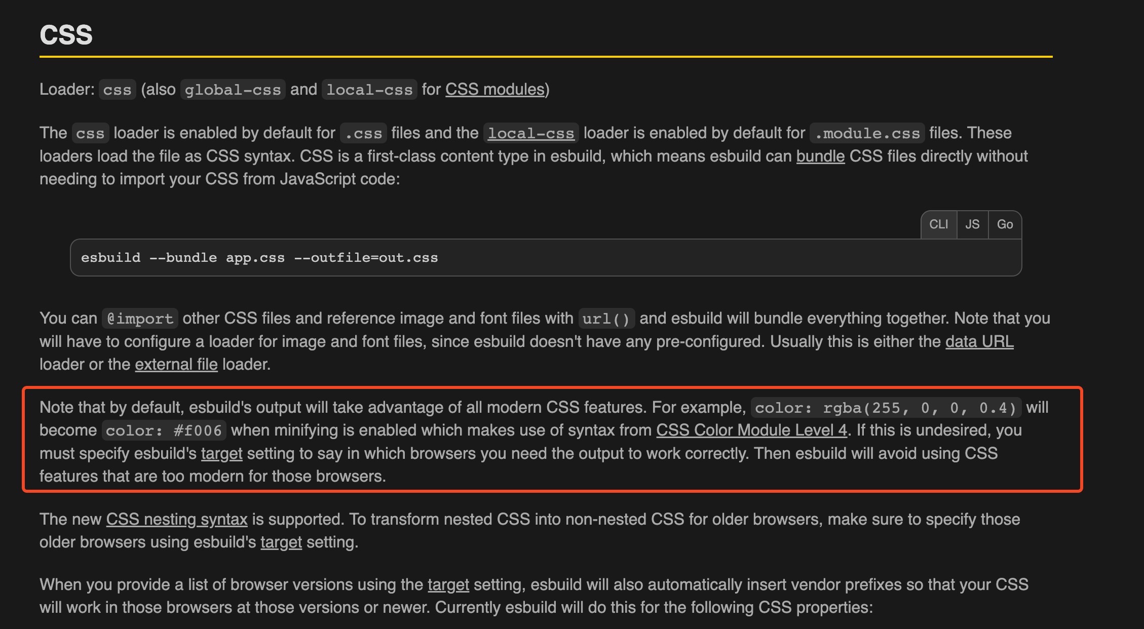 esbuild handling of css